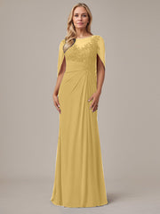 A-Line Floor-Length Boat-Neck Lace Capelet Chiffon Mother of the Bride Dress