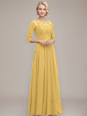 A-line Boat Neck Illusion Floor-Length Chiffon Lace Mother of the Bride Dress With Sequins Beading