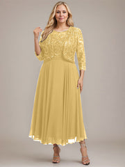 A-line Boat Neck Illusion Tea-Length Lace Chiffon Mother of the Bride Dress With Sequins
