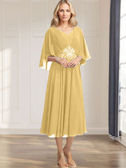 A-line V-Neck Tea-Length Chiffon Mother of the Bride Dress With Pleated Sequins Appliques Lace Beadind