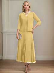 Separates A-line Scoop Tea-Length Chiffon Mother of the Bride Dress With Sequins Beading