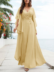 A-Line V-Neck Floor-Length Chiffon Mother Of The Bride Dresses With Appliques Lace