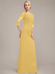 A-line Scoop Floor-Length Chiffon Lace Mother of the Bride Dress With Sequins Beading Pleated