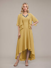 A-line V-Neck Asymmetrical Chiffon Mother of the Bride Dress With Beading Sequins