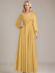 A-line V-Neck Floor-Length Chiffon Mother of the Bride Dress With Sequins Appliques Lace Pleated