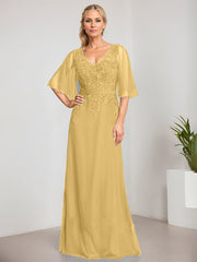 A-line V-Neck Floor-Length Lace Chiffon Mother of the Bride Dress With Sequins Beading