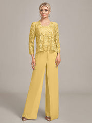 Silver Chiffon Pant and Lace Top Mother of The Bride Wide Pant Suits