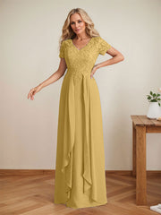 Elegant A-Line Chiffon V-neck Mother of the Brides Dresses Lace Top MOB Dresses