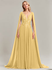 A-line V-Neck Sweep Train Lace Chiffon Evening Dress With Sequins