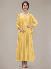 A-line V-Neck Ankle-Length Chiffon Mother of the Bride Dress With Sequins Appliques Lace Beading