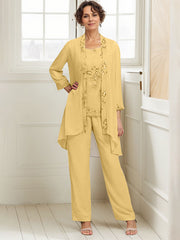 Elegant Appliques 3 Pieces Chiffon Mother of The Bride Jumpsuit with Wrap