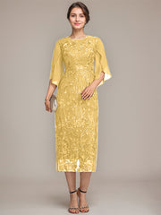 Sheath/Column Scoop Tea-Length Lace Chiffon Mother of the Bride Dress
