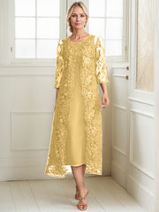 A-line Scoop Tea-Length Lace Chiffon Mother of the Bride Dress