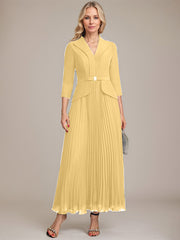 A-line Collared V-Neck Ankle-Length Chiffon Mother of the Bride Dress With Beading Pleated