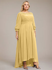 A-line Scoop Asymmetrical Chiffon Mother of the Bride Dress With Pleated Appliques Lace
