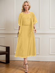 A-line Scoop Tea-Length Lace Chiffon Mother of the Bride Dress With Sequins