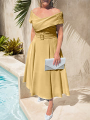 A-Line Off-The-Shoulder Tea-Length Chiffon Mother Of The Bride Dresses With Beading