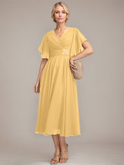 A-line V-Neck Tea-Length Chiffon Mother of the Bride Dress With Pleated Beading
