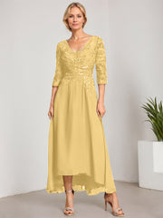 A-line V-Neck Asymmetrical Chiffon Lace Mother of the Bride Dress With Pleated Beading
