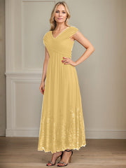 A-line V-Neck Ankle-Length Chiffon Mother of the Bride Dress With Bow Sequins Appliques Lace