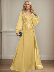 A-Line V-Neck Long Sleeves Floor-Length Chiffon Mother Of The Bride Dresses With Lace