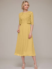 A-line/Princess Scoop Tea-Length Chiffon Mother of the Bride Dress With Lace Jacket