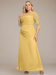 A-line Scoop Floor-Length Chiffon Lace Mother of the Bride Dress With Sequins Beading Pleated