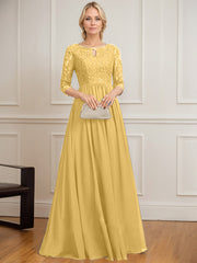 A-line Scoop Floor-Length Lace Chiffon Mother of the Bride Dress With Crystal Brooch Sequins