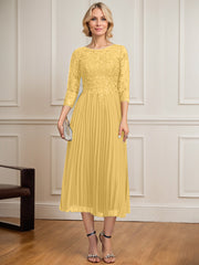A-line Scoop Illusion Tea-Length Lace Chiffon Mother of the Bride Dress With Sequins Pleated
