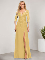 Sheath/Column V-Neck Floor-Length Lace Chiffon Mother of the Bride Dress With Sequins
