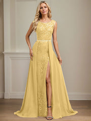 Sheath/Column Scoop Illusion Floor-Length Detachable Chiffon Lace Mother of the Bride Dress With Sequins Beading