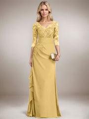 A-line V-Neck Floor-Length Lace Chiffon Mother of the Bride Dress With Cascading Ruffles