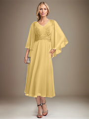 A-line V-Neck Tea-Length Chiffon Lace Mother of the Bride Dress With Sequins Beading