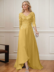 A-Line V-Neck 3/4 Sleeves Chiffon Mother Of The Bride Dresses With Lace