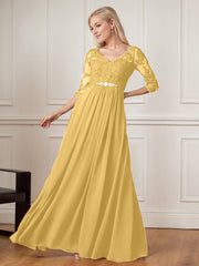 A-Line Floor-Length V-Neck Lace Chiffon Mother of the Bride Dress