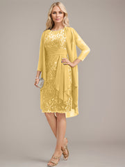 Sheath/Column Scoop Illusion Knee-Length Lace Chiffon Mother of the Bride Dress With Cascading Ruffles Sequins