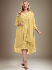 Sheath/Column Scoop Illusion Knee-Length Lace Chiffon Mother of the Bride Dress With Cascading Ruffles Sequins