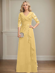 A-line Collared V-Neck Floor-Length Lace Chiffon Mother of the Bride Dress With Sequins Cascading Ruffles