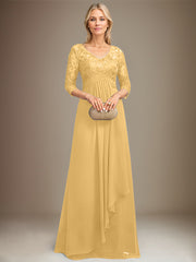 Empire V-Neck Floor-Length Lace Chiffon Mother of the Bride Dress With Cascading Ruffles Sequins