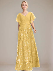 A-line V-Neck Floor-Length Lace Sequin Chiffon Mother of the Bride Dress With Pleated