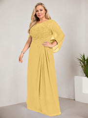 A-line Scoop Illusion Floor-Length Lace Chiffon Mother of the Bride Dress With Sequins Pleated