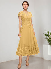 A-line Scoop Illusion Tea-Length Lace Chiffon Mother of the Bride Dress With Sequins