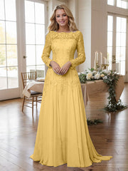 A-line Bateau Long Sleeves Appliques Lace Sweep Train Chiffon Mother of the Bride Dres