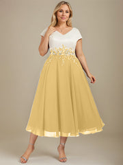 A-line V-Neck Tea-Length Satin Chiffon Mother of the Bride Dress With Appliques Lace