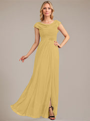A-line Scoop Floor-Length Mesh Mother of the Bride Dress With Pleated Beading