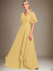 A-line V-Neck Floor-Length Lace Chiffon Mother of the Bride Dress With Cascading Ruffles Sequins