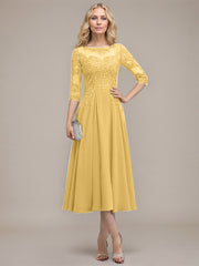 A-line Scoop Illusion Tea-Length Chiffon Lace Mother of the Bride Dress With Sequins Beading