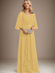 A-line V-Neck Floor-Length Chiffon Mother of the Bride Dress With Cascading Ruffles Crystal Brooch