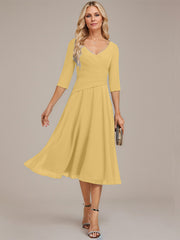 A-line V-Neck Tea-Length Chiffon Mother of the Bride Dress With Pleated
