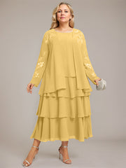 A-line Scoop Tea-Length Chiffon Mother of the Bride Dress With Cascading Ruffles